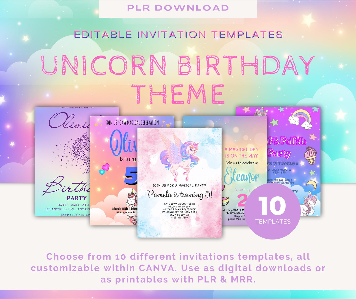 Unicorn Birthday Invitation 10 Pack
